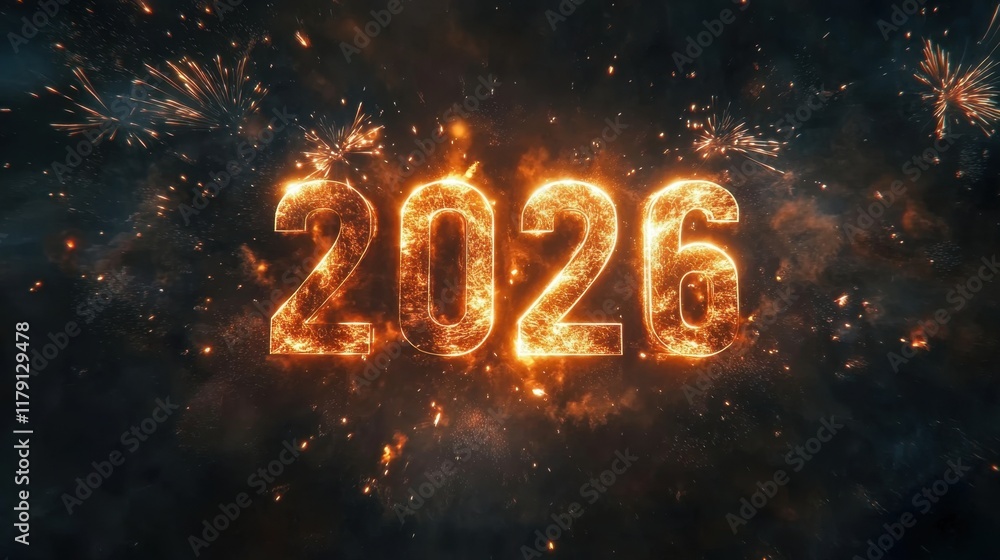 Fiery Celebration of New Year 2026 with Explosions and Sparkles Fiery Celebration of New Year 2026 with Explosions and Sparkles