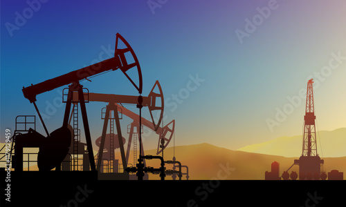 Pumpjack. Land crude oil drilling rig, derrick. Oil field, pump jack. Background colorful sunset sky. Gas. Onshore production, industry, business. Silhouette, horizon, desert. Vector illustration