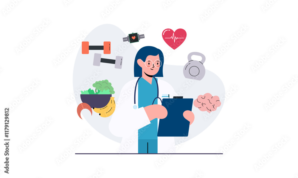 Nutritionist woman with weight loss program and diet plan. Healthy food, vitamins, sport icons Nutritionist woman with weight loss program and diet plan. Healthy food, vitamins, sport icons