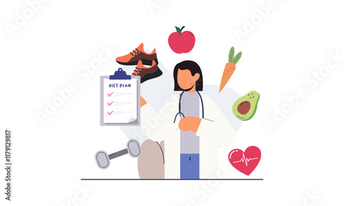 Nutritionist woman with weight loss program and diet plan. Healthy food, vitamins, sport icons