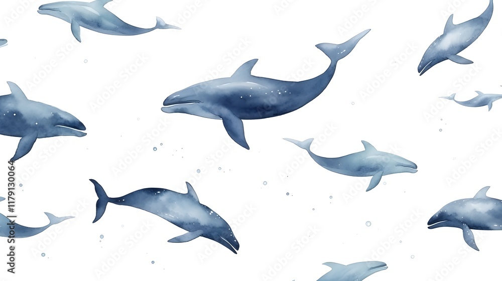 Fototapeta premium Serene Watercolor Whale Pattern on Tranquil Aquatic Background