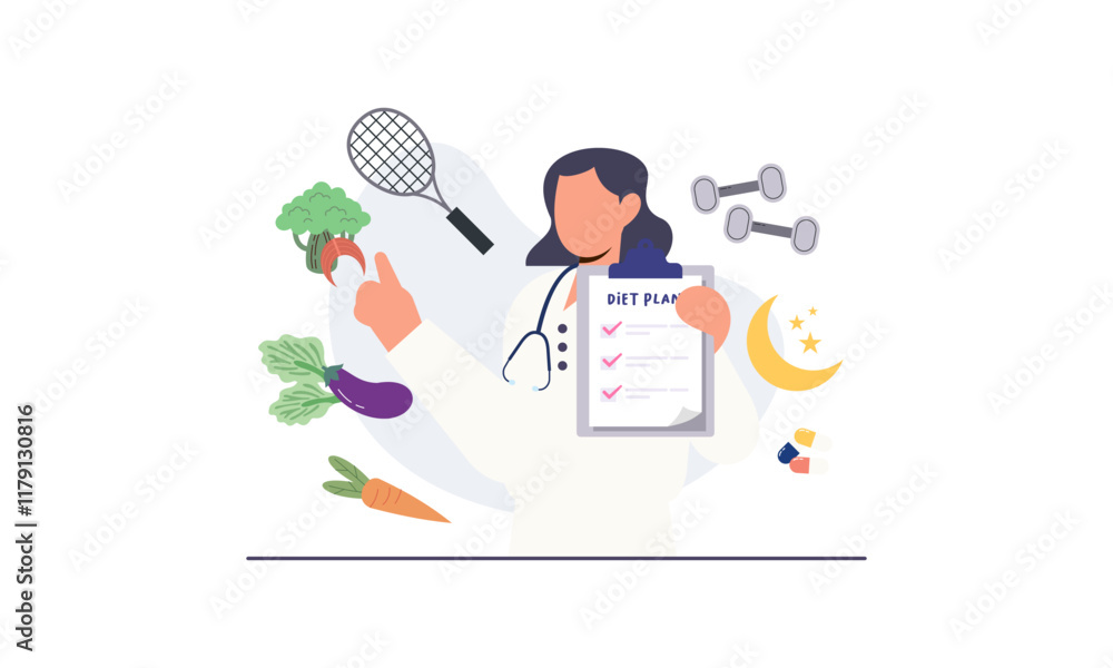 Nutritionist woman with weight loss program and diet plan. Healthy food, vitamins, sport icons Nutritionist woman with weight loss program and diet plan. Healthy food, vitamins, sport icons