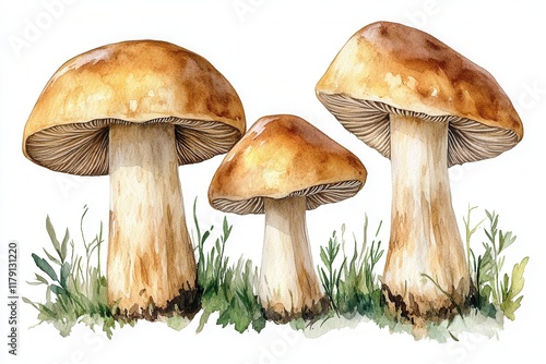 A watercolor illustration of three mushrooms surrounded by grass.
