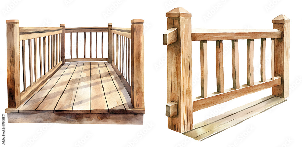 Wooden railings and deck design exterior setting architectural illustration natural light perspective view outdoor aesthetics Wooden railings and deck design exterior setting architectural illustration natural light perspective view outdoor aesthetics