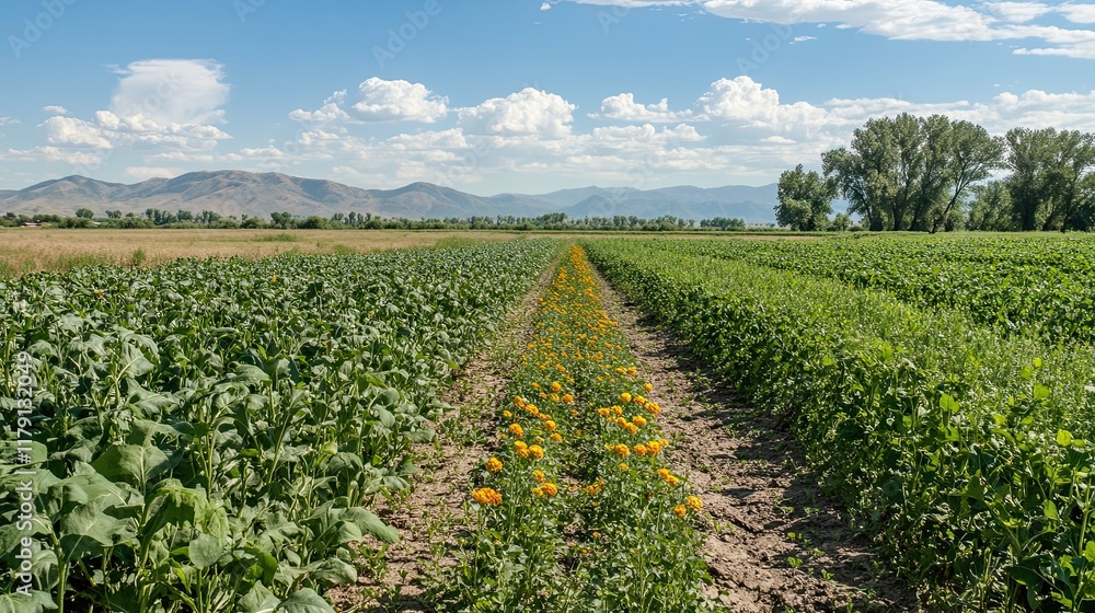 Rural farmland rows, sunny day, mountain backdrop, agricultural scene, stock photo Rural farmland rows, sunny day, mountain backdrop, agricultural scene, stock photo