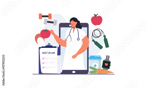 Nutritionist woman with weight loss program and diet plan. Healthy food, vitamins, sport icons