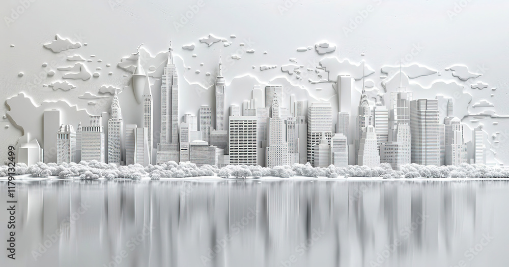 Fototapeta premium Futuristic cityscape made entirely of white paper elements.