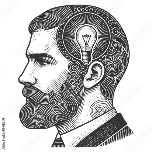 man with a lightbulb on his head, symbolizing creativity, innovation, and bright ideas sketch engraving generative ai fictional character vector illustration. Scratch board. Black and white image.