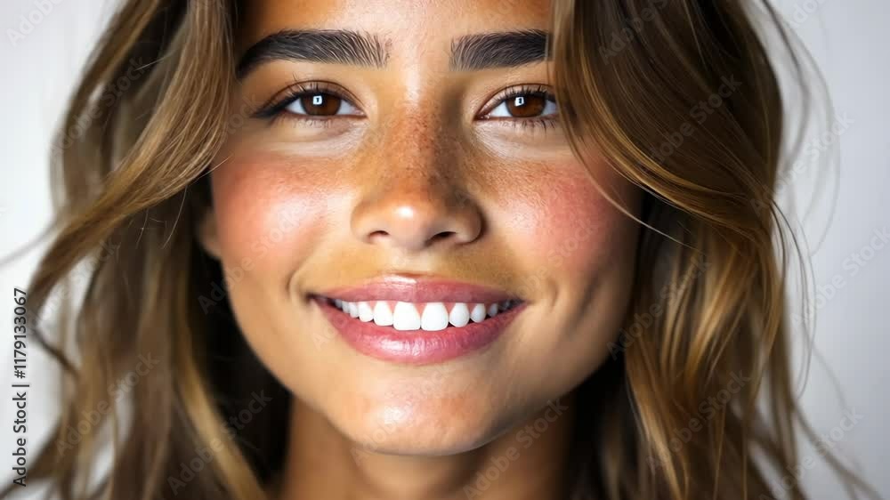 Woman smiling brightly with soft waves in her hair showcasing natural beauty and confidence in a friendly atmosphere Woman smiling brightly with soft waves in her hair showcasing natural beauty and confidence in a friendly atmosphere
