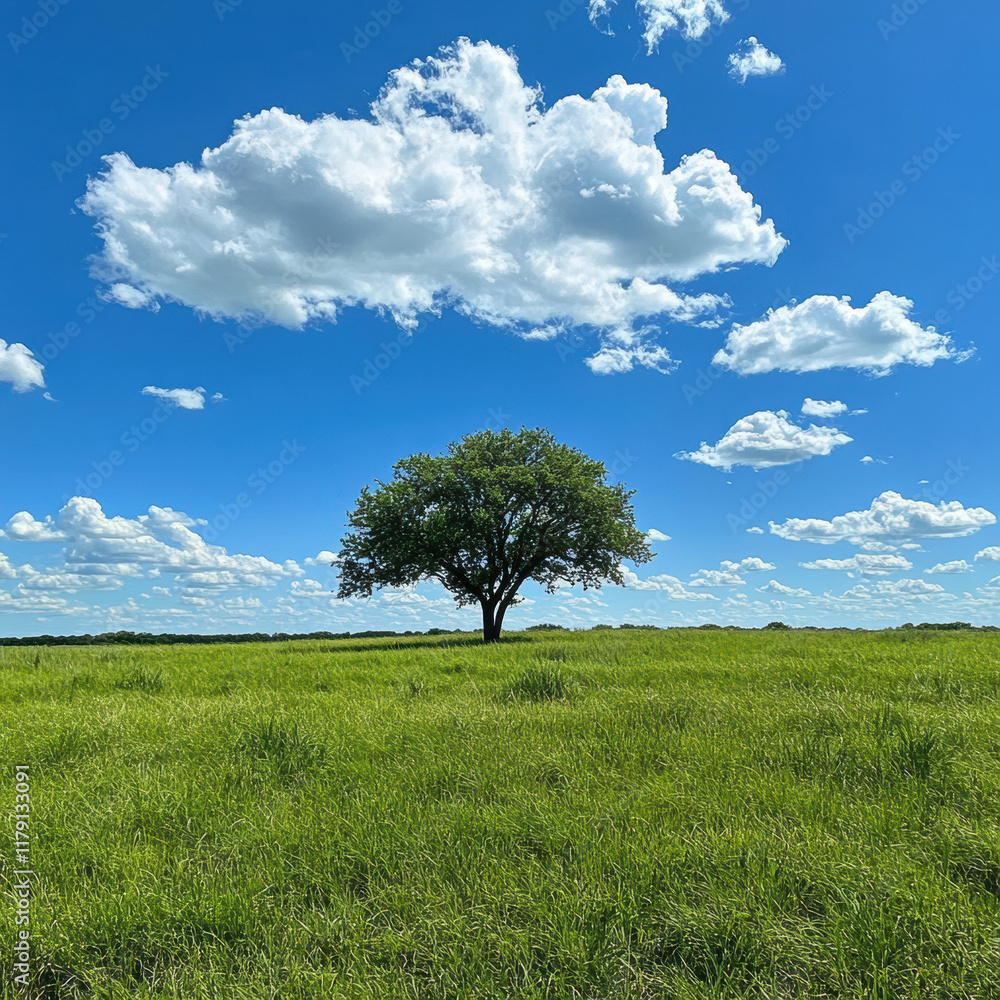 Fototapeta premium Vibrant Midday Grassland Under Blue Sky