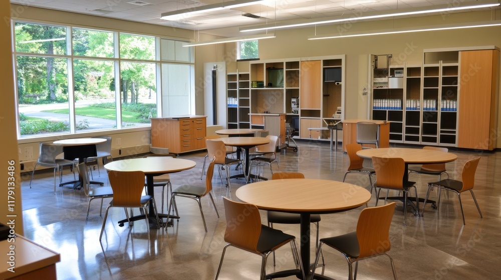Modern Classroom Interior with Round Tables and Natural Light Modern Classroom Interior with Round Tables and Natural Light