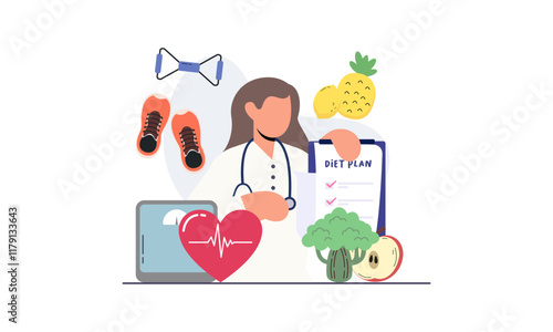 Nutritionist woman with weight loss program and diet plan. Healthy food, vitamins, sport icons