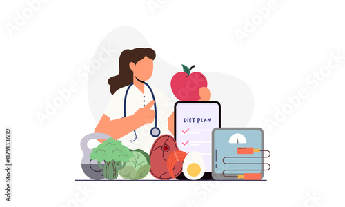 Nutritionist woman with weight loss program and diet plan. Healthy food, vitamins, sport icons