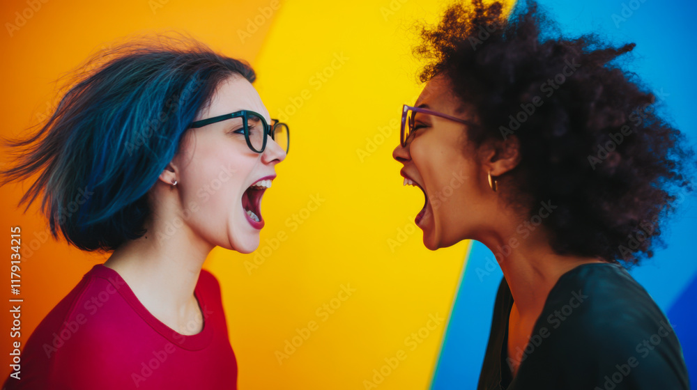 Two friends expressing joy and energy in a colorful urban setting during daylight Two friends expressing joy and energy in a colorful urban setting during daylight