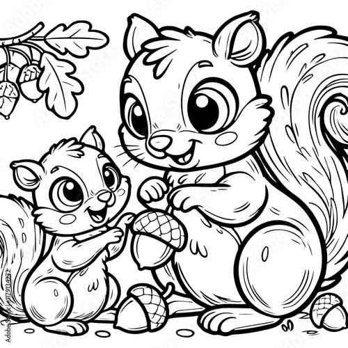 Charming hand-drawn forest squirrels artwork, ideal for coloring book pages to engage and delight children