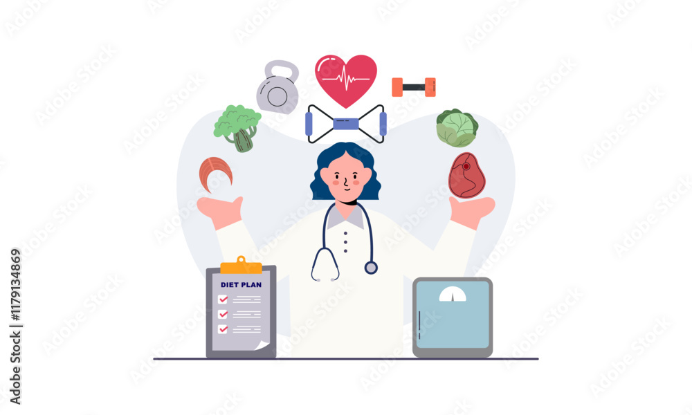 Nutritionist woman with weight loss program and diet plan. Healthy food, vitamins, sport icons Nutritionist woman with weight loss program and diet plan. Healthy food, vitamins, sport icons