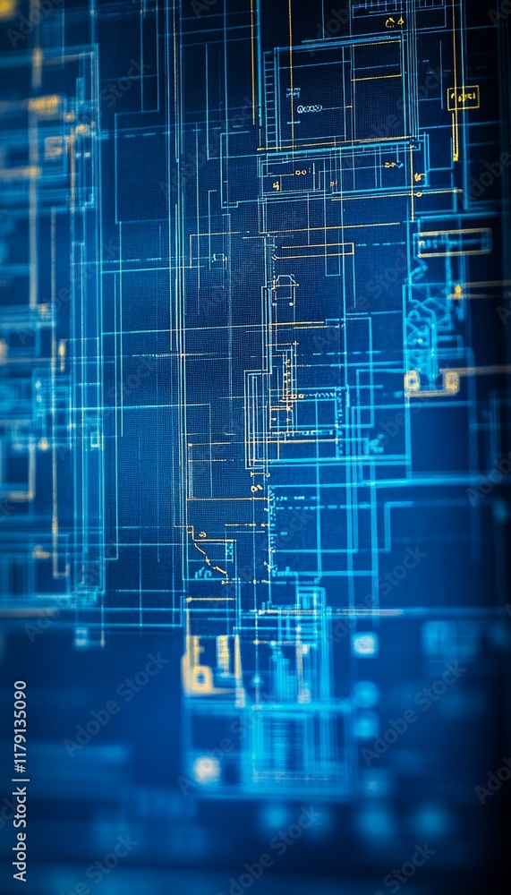 Abstract Technical Blueprint Design With Blue Monochrome Color, Engineering, Industrial Abstract Technical Blueprint Design With Blue Monochrome Color, Engineering, Industrial