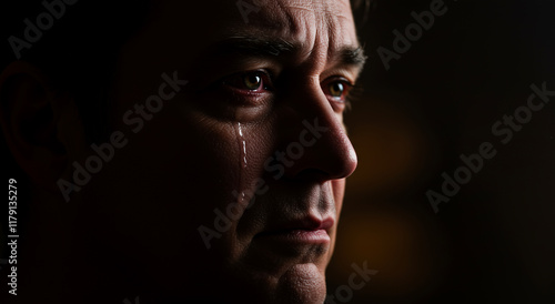 Tears, sad and portrait with middle age man in dark for depression, emotion and grief. Male person, crying and face for mental health, aging or sorrow