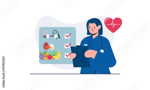 Nutritionist woman with weight loss program and diet plan. Healthy food, vitamins, sport icons