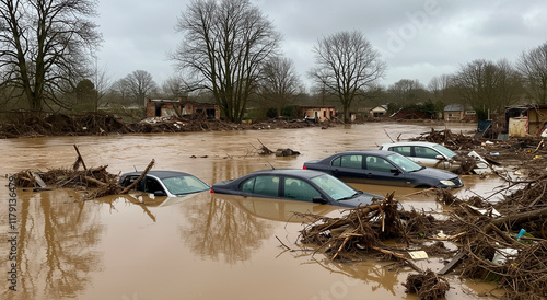 Flood, cars and water for disaster, destruction, damage and nature. Vehicle, submerged, emergency, storm, climate change and crisis with pollution, risk, rain and impact outdoor photo