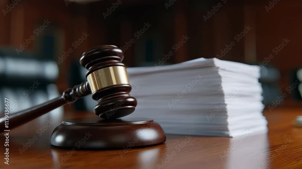 Court gavel and documents on the table. Closeup view, steady shot. Legal concept. For justice and law videos. Court gavel and documents on the table. Closeup view, steady shot. Legal concept. For justice and law videos.