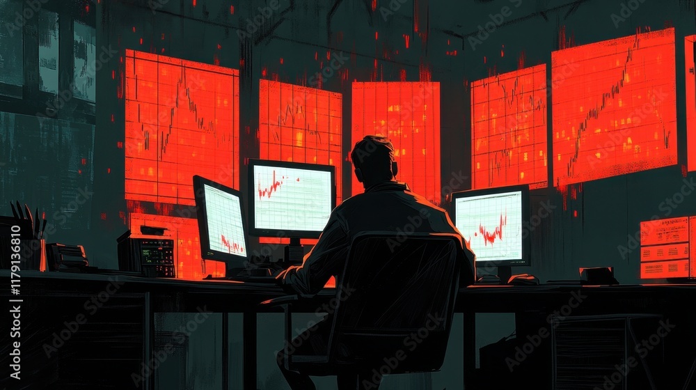 Analyst in Dark Room Surrounded by Red Stock Market Graphs Analyst in Dark Room Surrounded by Red Stock Market Graphs
