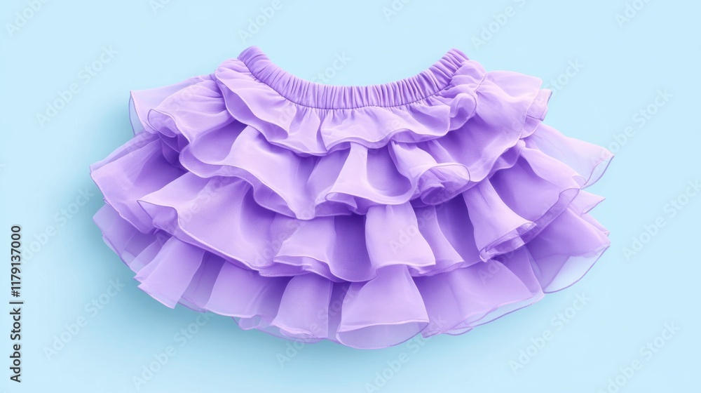 A tiered ruffle skirt in soft lavender styled on a pale blue background