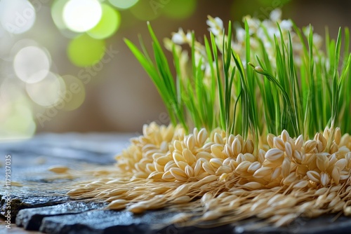 Sprouted wheat sprouts for the Nowruz holiday. Traditional celebration of the vernal equinox. Persian, Iranian, Azerbaijan New Year. photo