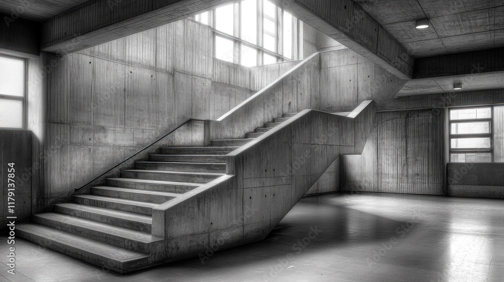 Fototapeta premium Modern concrete staircase in minimalist building interior.