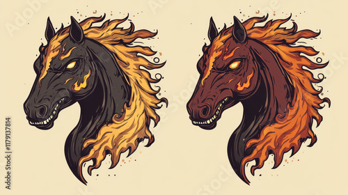 Wild horse and angry mustang stallion mascots with head of brown horse with alert ears and fiery mane, adorned by tribal flame ornaments photo