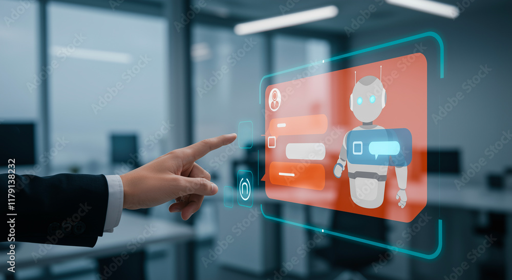 Hand touching ai interface for digital service, virtual assistant and technology in office. Artificial intelligence, business communication and software concept with screen for automation or future Hand touching ai interface for digital service, virtual assistant and technology in office. Artificial intelligence, business communication and software concept with screen for automation or future