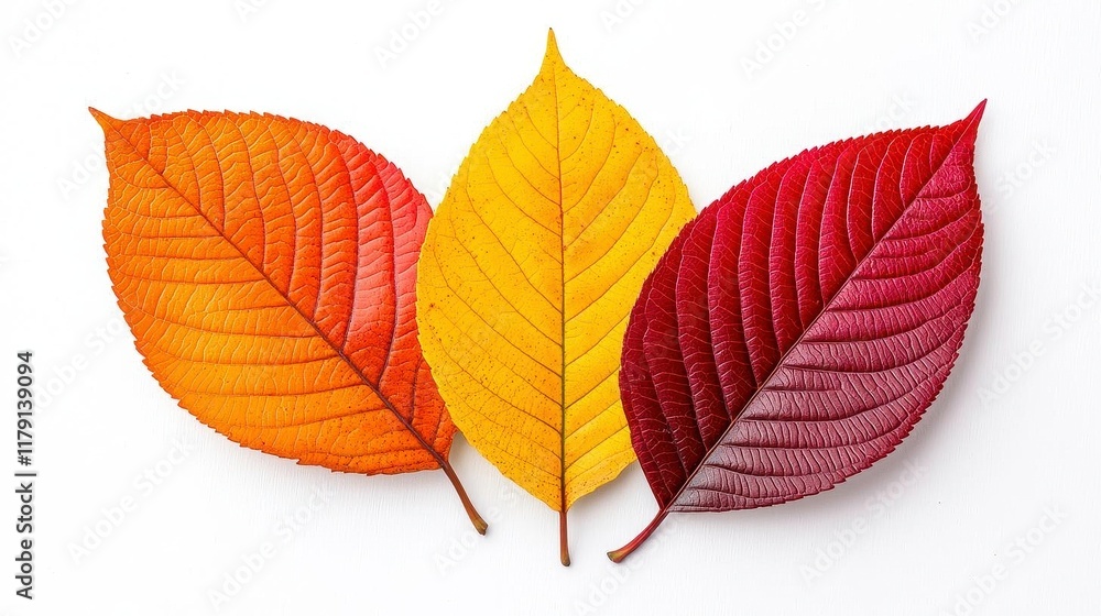 Obraz premium A photostock of vivid autumn leaves mid-fall, gently swirling on a bright white background, capturing the essence of the season. High Quality