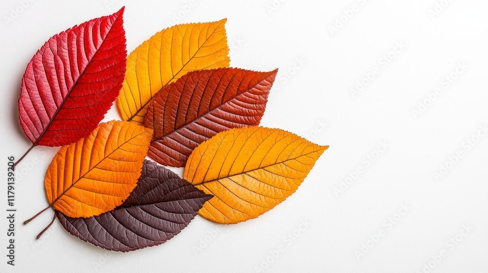 Obraz premium A photostock of vivid autumn leaves mid-fall, gently swirling on a bright white background, capturing the essence of the season. High Quality