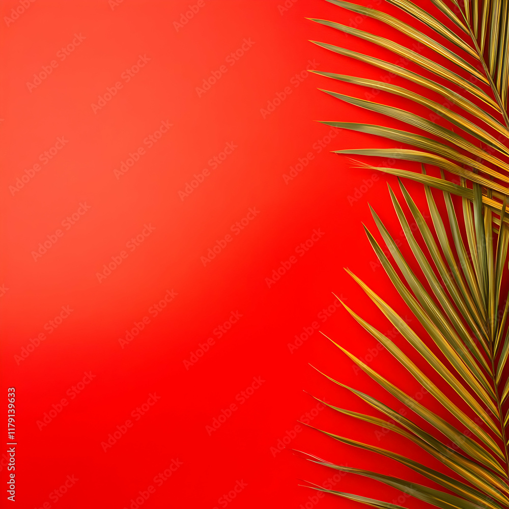Fototapeta premium Red Background with Palm Leaves Illustration