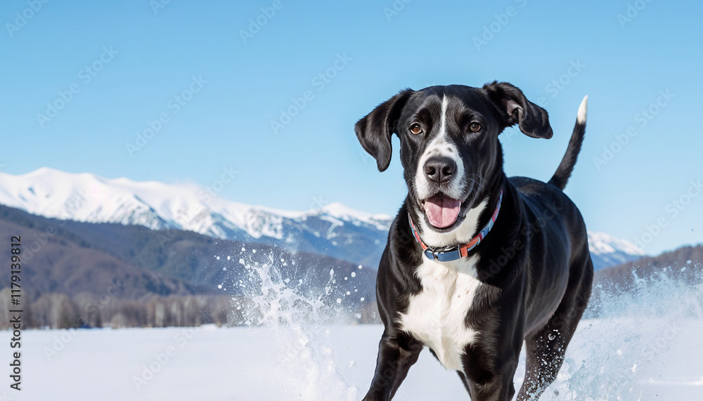 Playful dog joyfully running through the snow with mountains in the background Playful dog joyfully running through the snow with mountains in the background