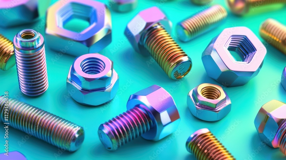 Fototapeta premium Brightly colored bolts and nuts scattered on a gradient green background