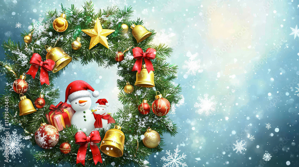 Happy New Year greeting card design of Christmas tree decoration wreath. Vector Santa gifts, golden bell and star pattern or snowman in snowflakes for winter Christmas holidays season wishes Happy New Year greeting card design of Christmas tree decoration wreath. Vector Santa gifts, golden bell and star pattern or snowman in snowflakes for winter Christmas holidays season wishes