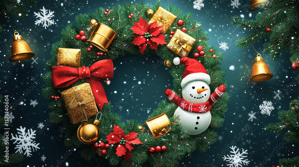 Happy New Year greeting card design of Christmas tree decoration wreath. Vector Santa gifts, golden bell and star pattern or snowman in snowflakes for winter Christmas holidays season wishes Happy New Year greeting card design of Christmas tree decoration wreath. Vector Santa gifts, golden bell and star pattern or snowman in snowflakes for winter Christmas holidays season wishes