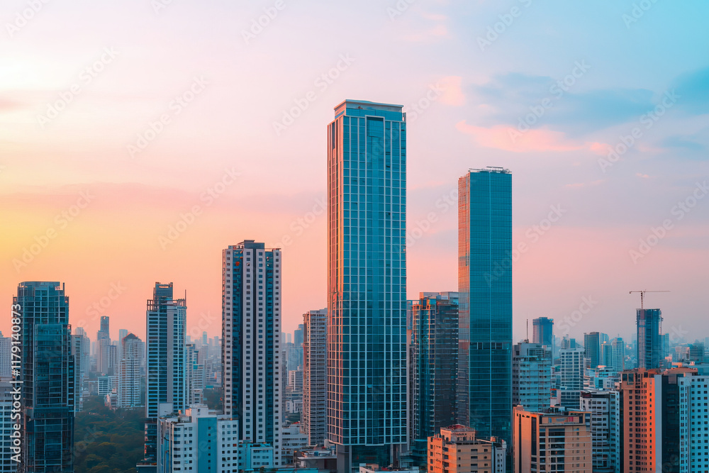 Modern skyscrapers against colorful sunset sky in urban landscape Modern skyscrapers against colorful sunset sky in urban landscape