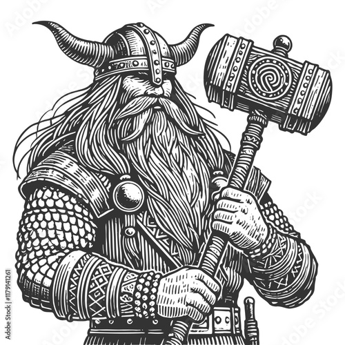 Viking warrior in horned helmet and armor, holding a massive ornate hammer with a strong stance sketch engraving generative ai vector illustration. Scratch board imitation. Black and white image.