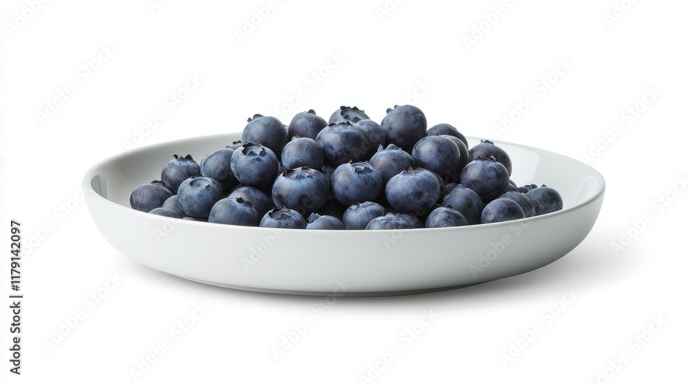 A pile of fresh blueberries in a shallow dish, vividly displayed on a white background for a bright, fresh look. A pile of fresh blueberries in a shallow dish, vividly displayed on a white background for a bright, fresh look.