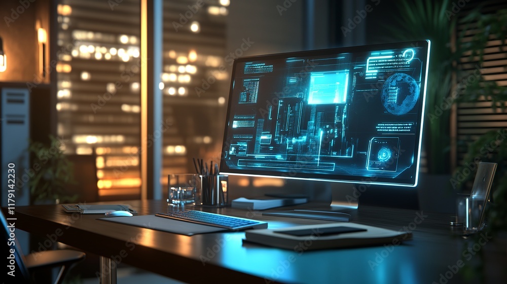 Virtual holographic interface projected onto a desktop computer in an office setting, creating a futuristic and technological atmosphere. Virtual holographic interface projected onto a desktop computer in an office setting, creating a futuristic and technological atmosphere.