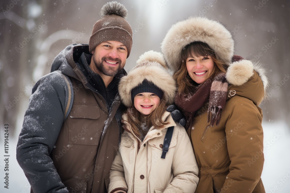 Smiling family wearing warm winter clothes enjoying snowfall in beautiful forest Smiling family wearing warm winter clothes enjoying snowfall in beautiful forest