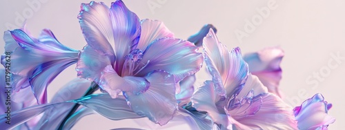 Vibrant glass gladiolus flowers in purple and blue hues with translucent foliage showcased in a detailed close-up against a bright background