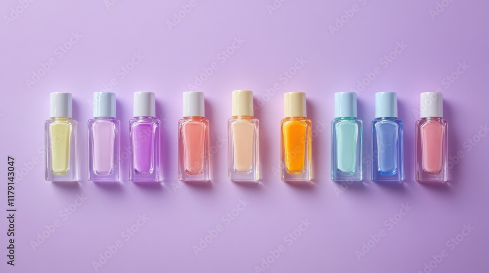Fototapeta premium Nail polish bottles of various colors lined up on a pastel purple background