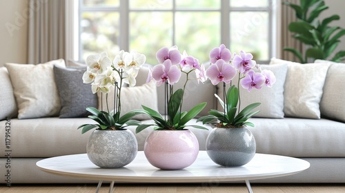 Wallpaper Mural Orchids in glossy pots with pastel shades arranged in a stylish living room Torontodigital.ca