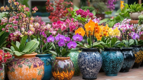 Wallpaper Mural Orchids in patterned pots arranged in a colorful garden setting Torontodigital.ca