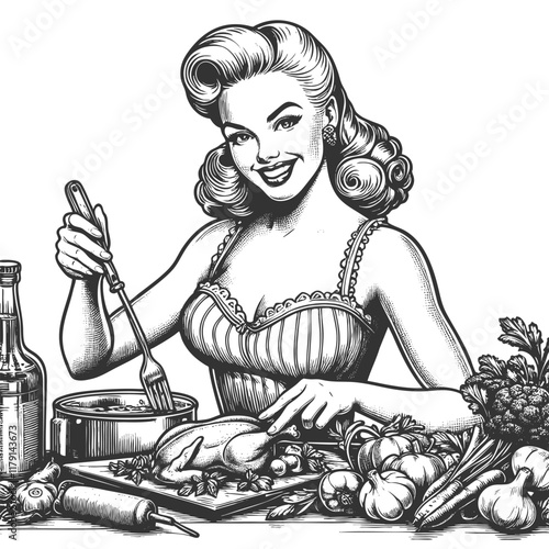 smiling woman preparing a meal, surrounded by vegetables and cooking ingredients in retro style sketch engraving generative ai vector illustration. Scratch board imitation. Black and white image.