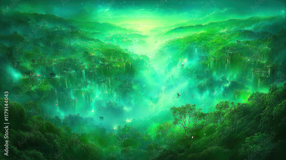 Fototapeta premium Lush green fantasy valley at dawn. Aerial view. Possible use fantasy background.