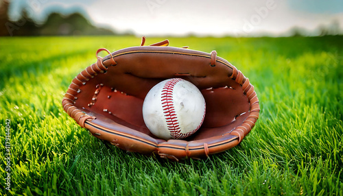 A well-worn baseball rests snugly in a brown leather glove, set against a vibrant green field.  The sunlit scene evokes nostalgia and the thrill of the game. photo